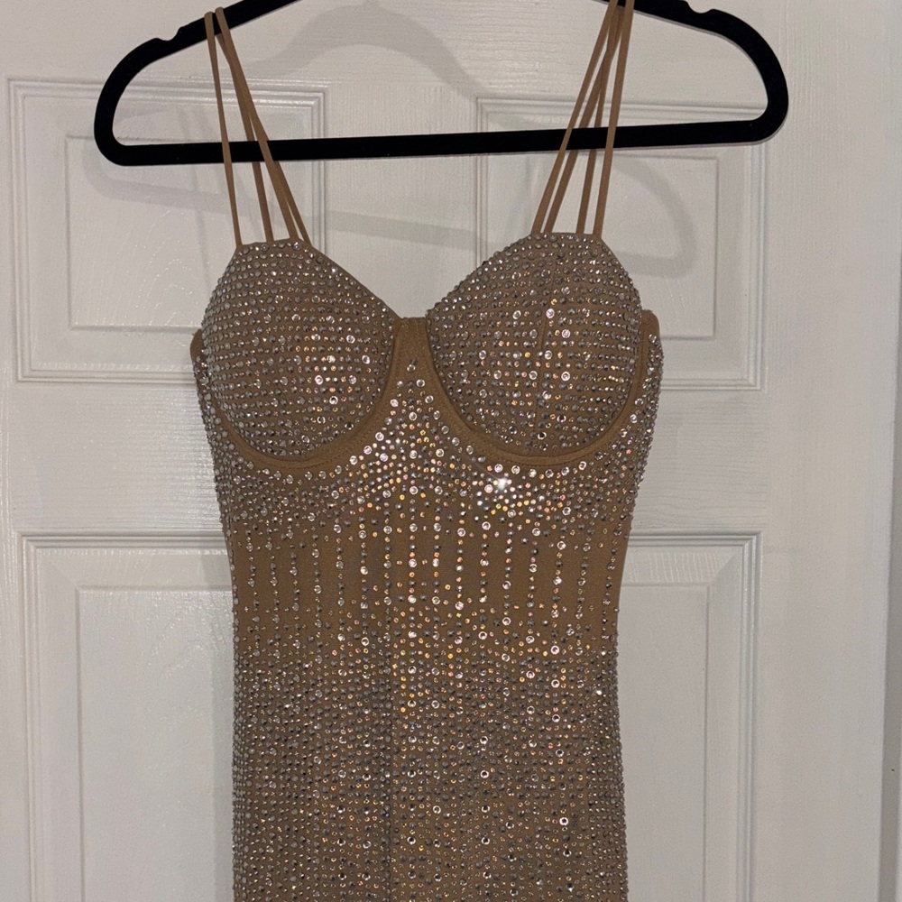 Banjul Tan Sequin Embellished double strap Dress bodysuit attached-sheer bottom - Picture 12 of 16